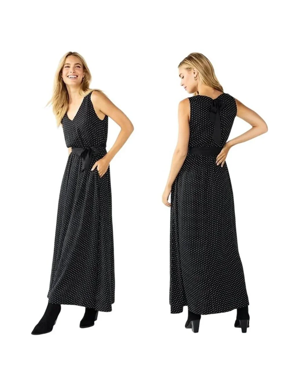 Draper James Women's Polka Dot Maxi Dress Black White Bow Size Large
